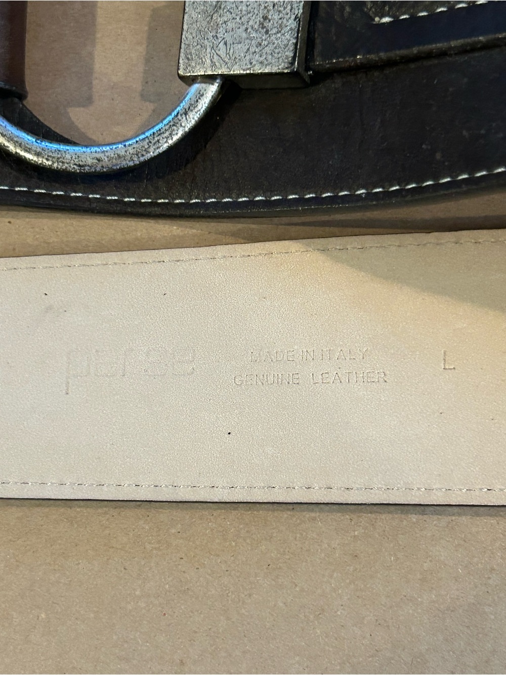 PerSe Carlisle NY  Brown Italian Leather Belt with Silver Ring Buckle EUC Sz cL - Picture 2 of 6